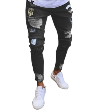 

Fashion Street Wear Men'S Jeans Trend Knee Knee Hole Ripped Jeans Trousers Embroidered Jeans Mens Skinny Elastic Pencil Pants