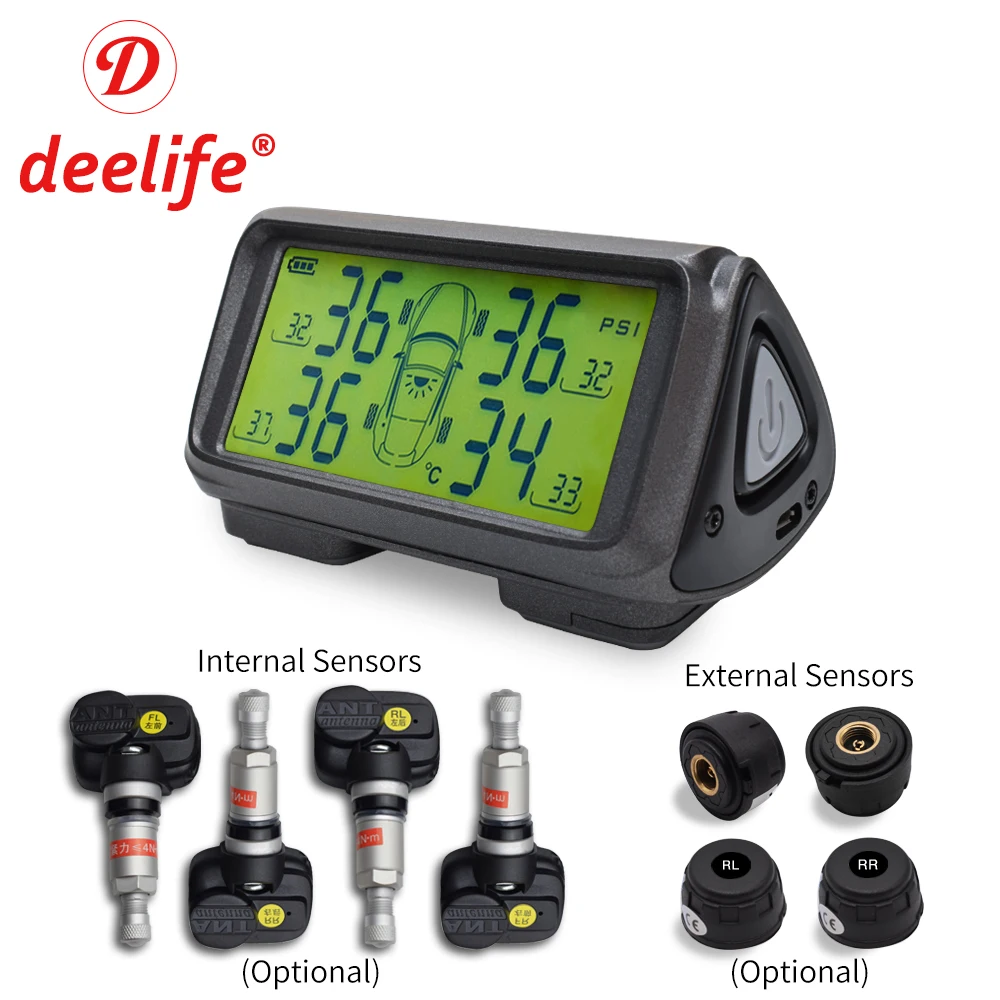 Deelife Car TPMS Tyre Pressure Monitoring System Solar Power Wireless TMPS Auto Security Alarm Systems Internal External Sensor