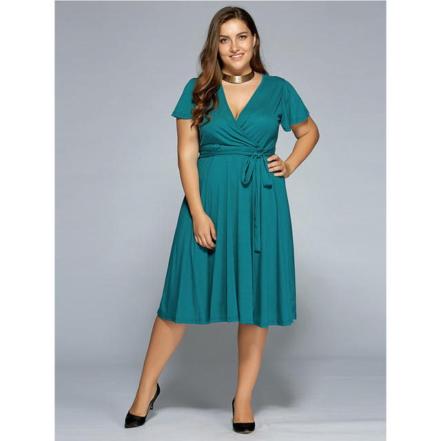 FREE SHIPPING Plus Size Vestidos VNeck Formal Dress Short Seeve Solid