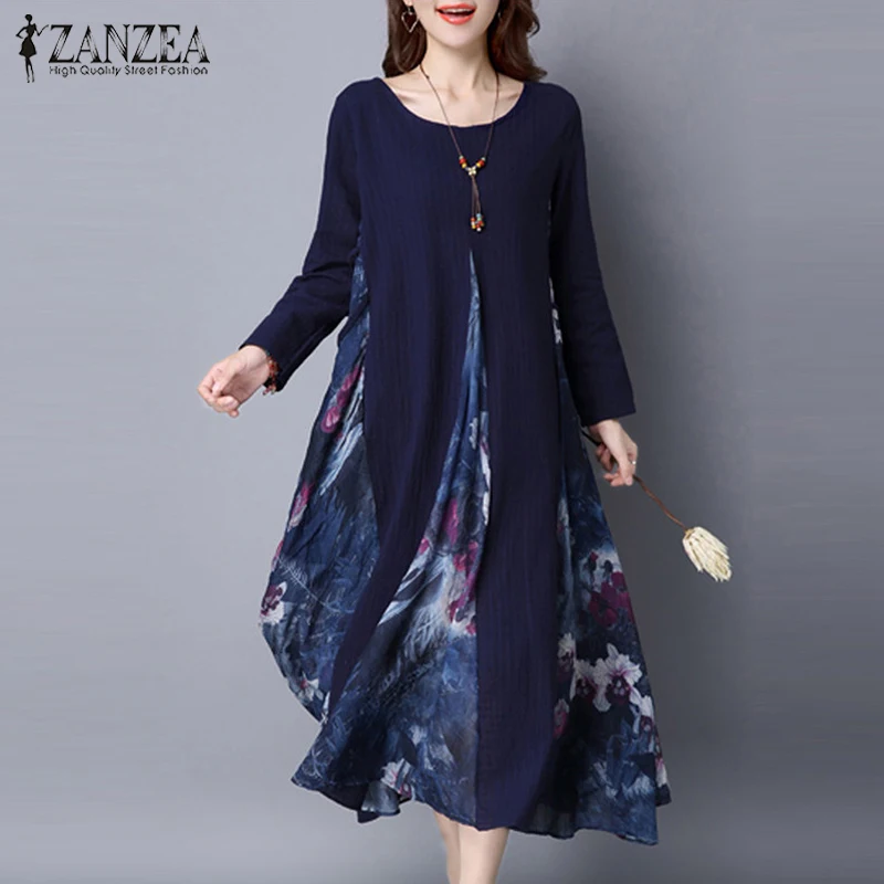 Goedkoop 2019 Zanzea Lente Womens Bloemenprint Chiffon Splice Elegante Katoen Linnen Lange Mouwen Kaftan Party Lange Jurk Tuniek M 5XL
