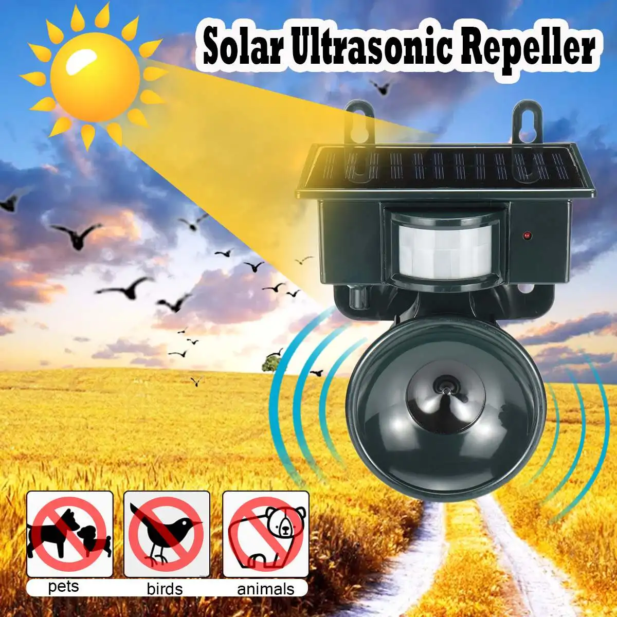 

Solar Ultrasonic PIR Sensor Pest Repeller Scarer Deterrent Animal Bird Cat Dog Outdoor Garden Repeller Repellent