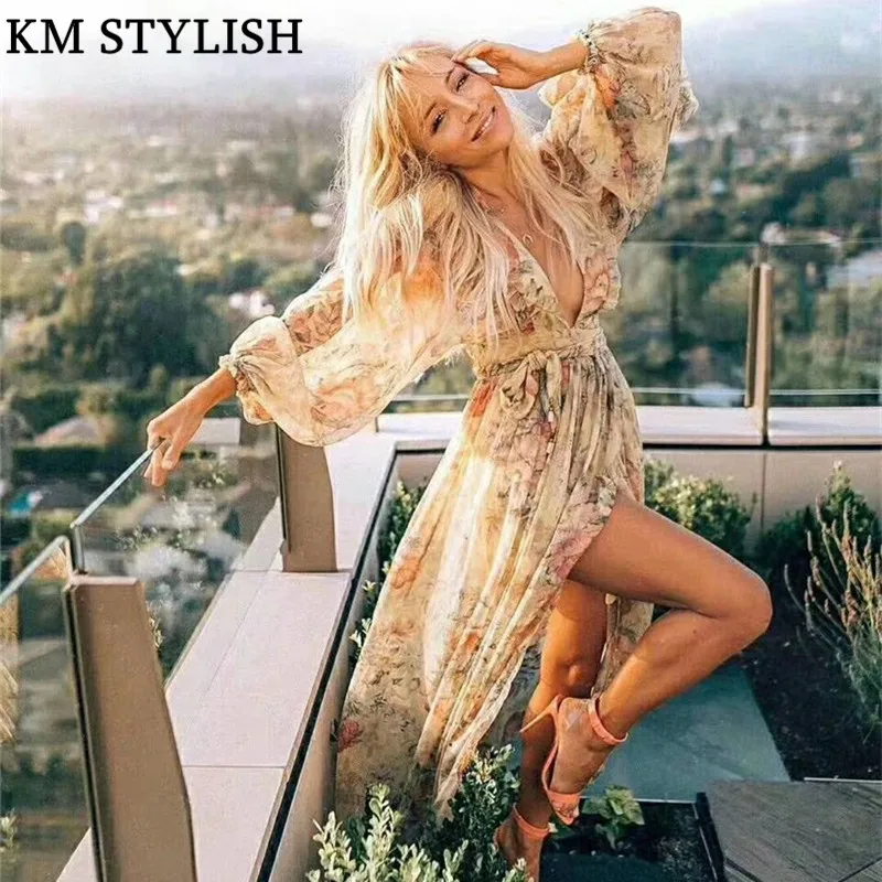 

2019ZIM Spring and Summer New Australia Sexy V-neck Long Lantern Sleeve Bow Belt Elegant Bohemian Resort Print Women MAXI Dress