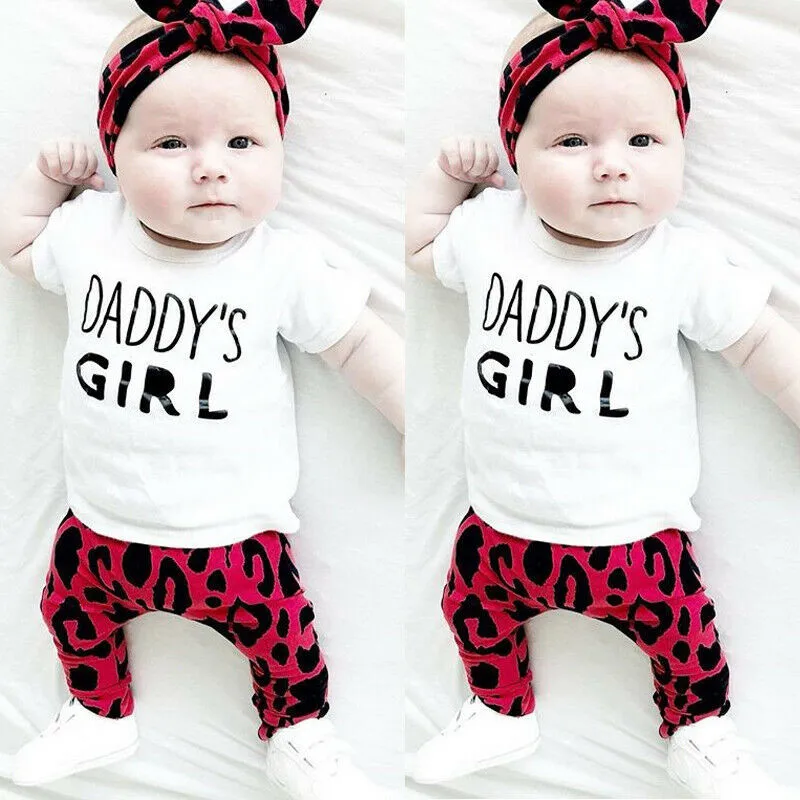 

3pcs Baby Girls Tracksuit Set Summer T-shirt Cotton Tops+Leopard Pants+Headband Infant Kids Clothes Set