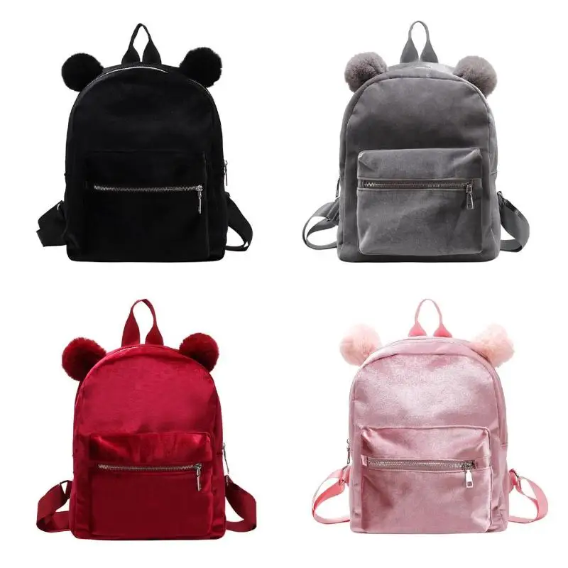 

Cute Bear Ear Velvet Backpacks Girl Women Pure Travel Shoulder Schoolbags