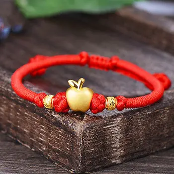 

New Authentic 24K Yellow Gold Apple with two Beads Knitted Bracelet