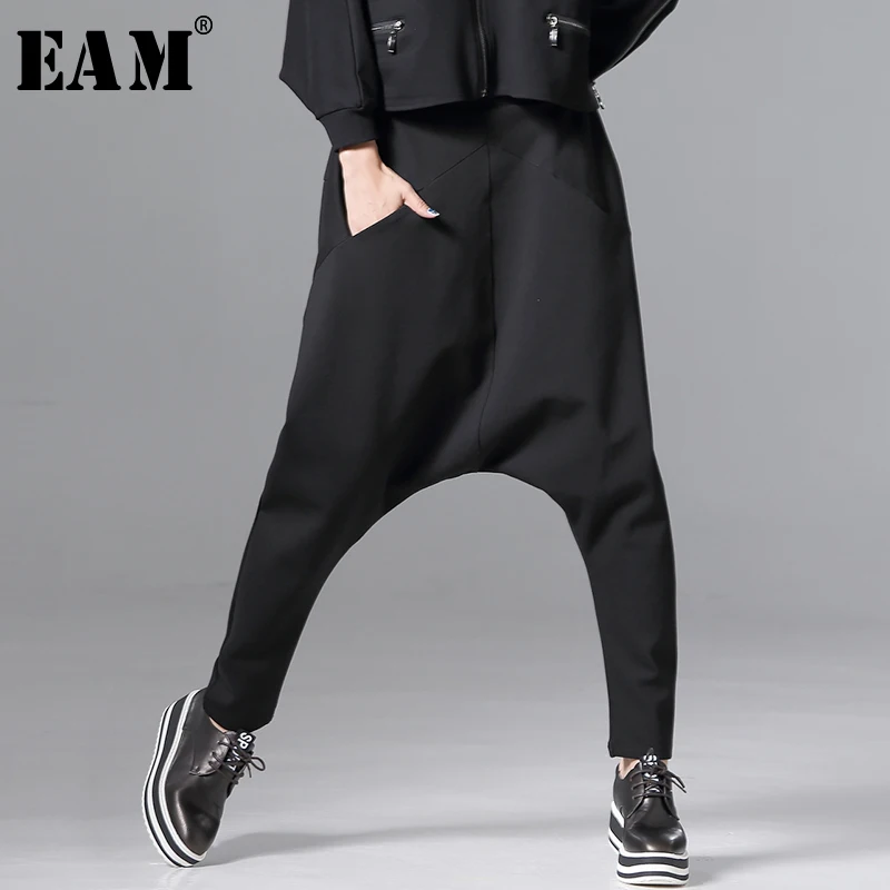 

[EAM] 2019 New Autumn Winter High Elastic Waist Black Leisure Pocket Harem Loose Pants Women Trousers Fashion Tide JS502
