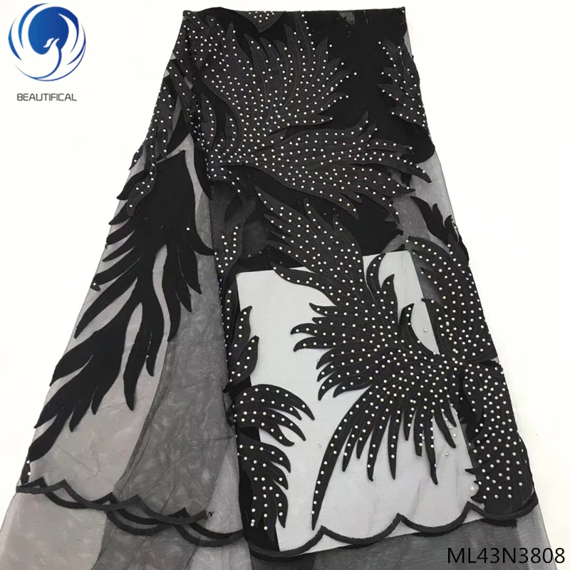 

BEAUTIFICAL African black velvet lace fabric 2019 lace fabric latest with lots rhinestones high quality lace fabric ML43N38