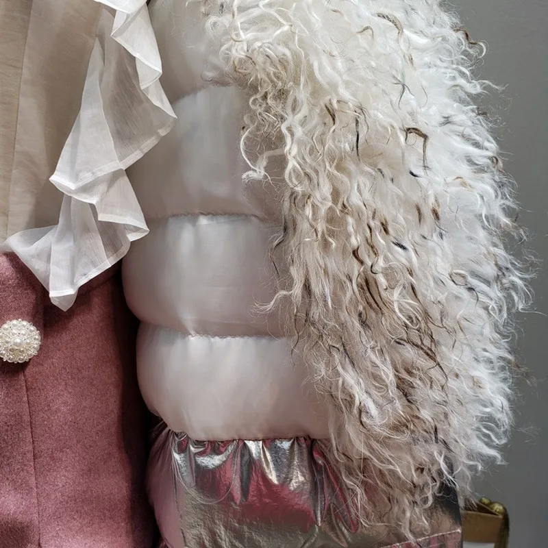 Шерстяное меховое зимнее пальто женская пуховая Куртка парка с капюшоном Женская Серебристая Лоскутная Глянцевая верхняя одежда Толстая теплая зимняя одежда Okq113