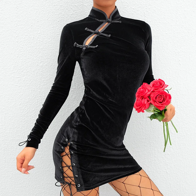 

Chinese Traditional Costumes Women Slim Bodycon Mini Dress Cheongsam New Tang Qipao Mandarin Collar Black Split Vintage Chirpaur