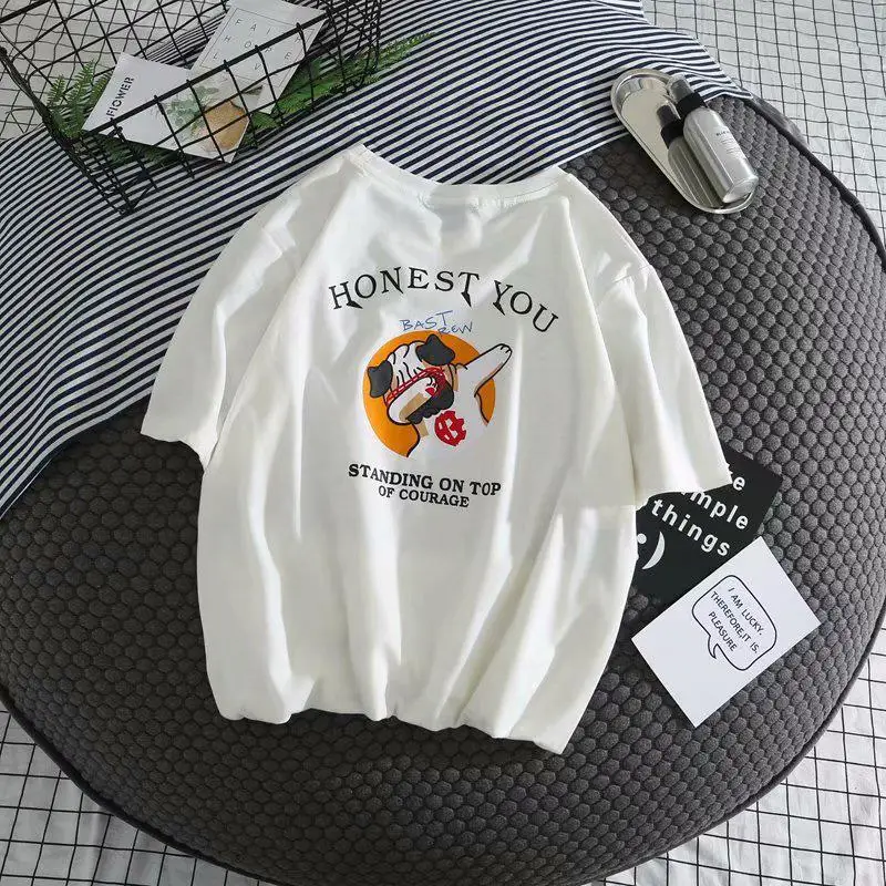 MISSKY Men Women Couples t shirt Whte Black Color Hip-hop Dog Printing Medium Sleeve Round Collar T-shirt for Lovers MISSKY Men Women Couples t shirt Whte Black Color Hip-hop Dog Printing Medium Sleeve Round Collar T-shirt for Lovers