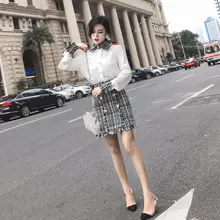 Весенний Элегантный женский комплект из 2 предметов, твидовая шифоновая рубашка с кисточками, двубортная шерстяная юбка-карандаш, костюм, ensemble femme