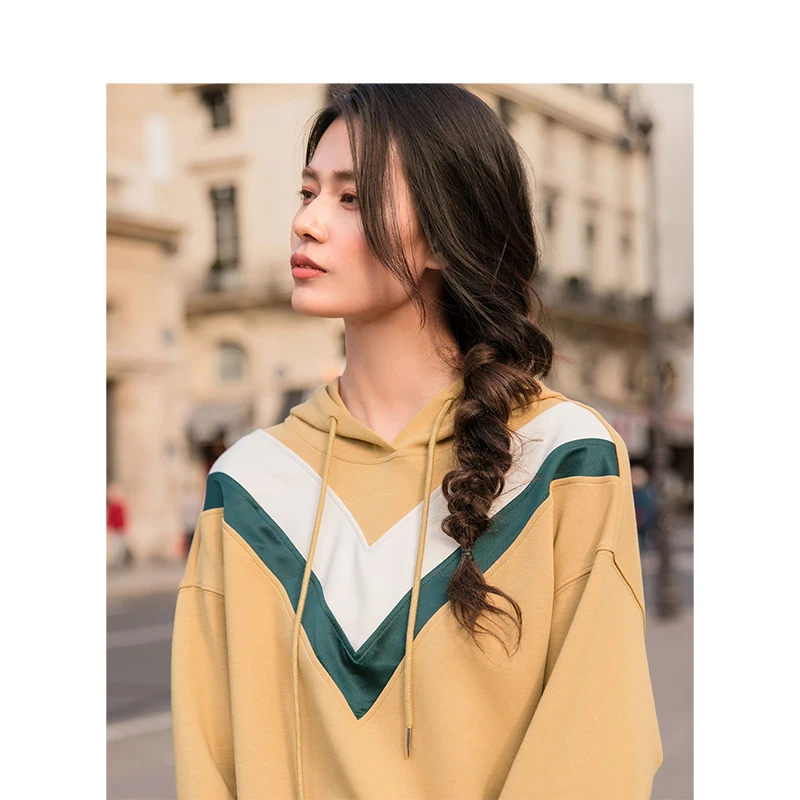  INMAN Spring Hooded Drawstring V Pattern Print Causal Loose Style Women Fashion Girl Sweatshirt