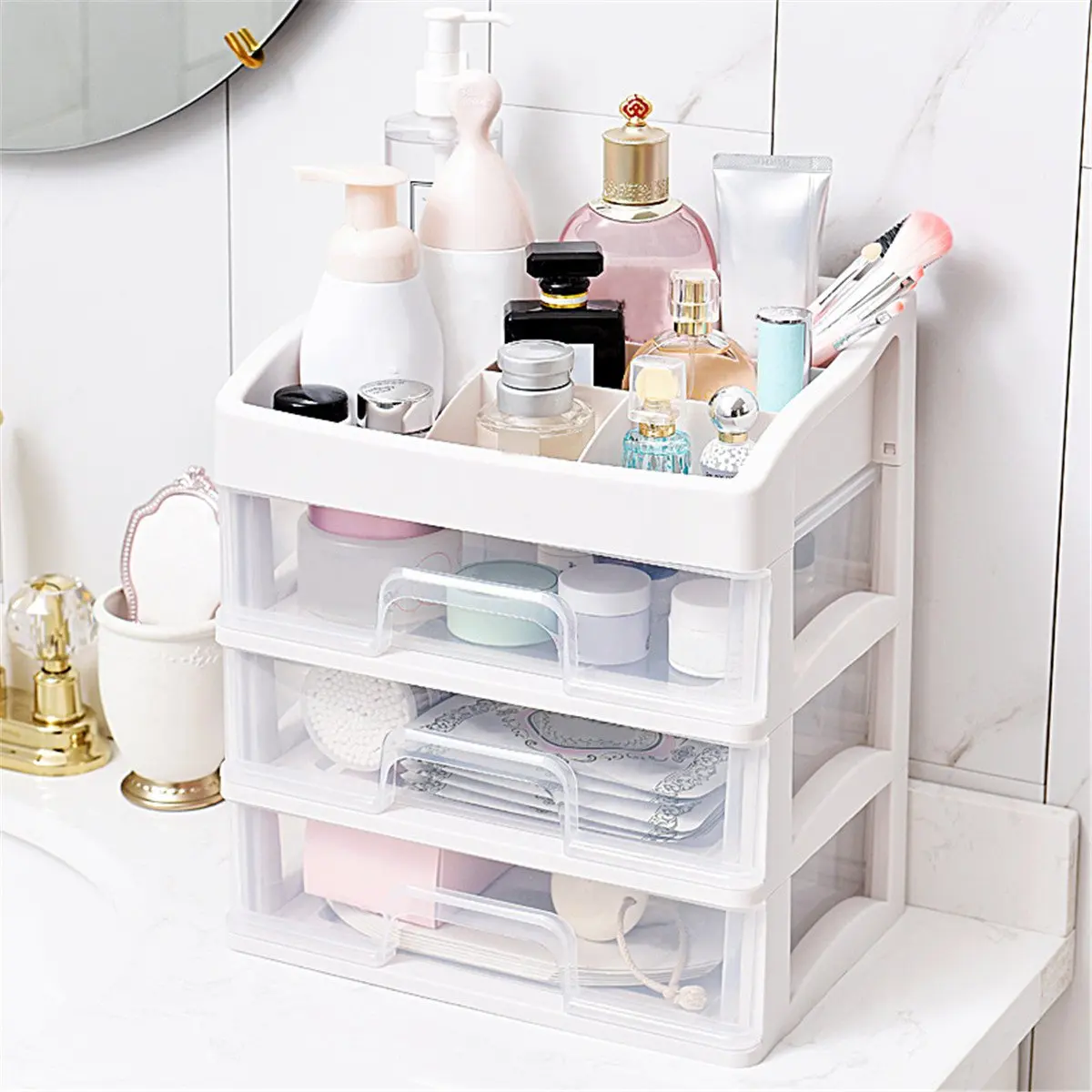 

PP Cosmetic Drawer Transparent Makeup Box Organizer 3-Layer Makeup Storage Eco-friendly Desktop Cosmetic Sundry Storage