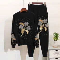 SHENGPALAE 2019, черные женские комплекты, топы с длинными рукавами и круглым воротником + шаровары, Лоскутная Вышивка бисером, винтажный Модный