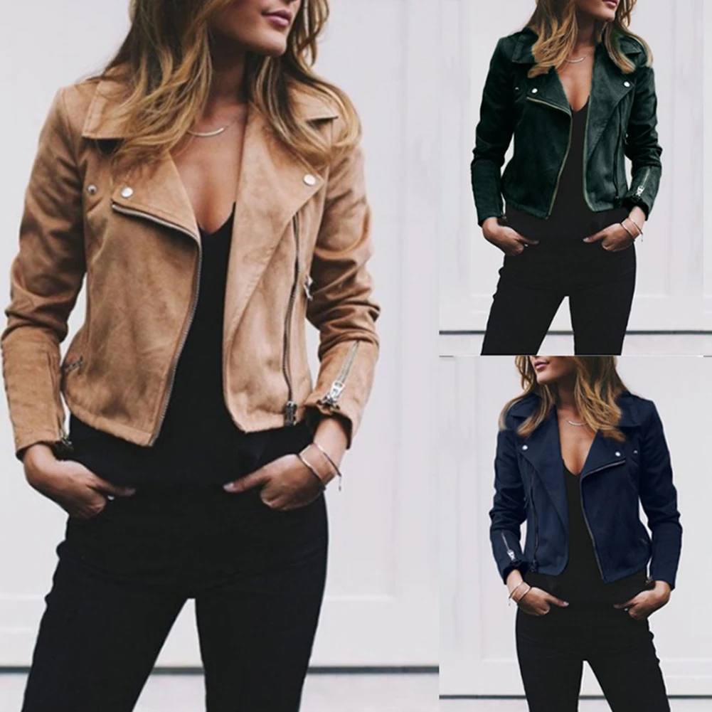 Very best  Fashion Women's Zipper Tunic Army Jacket Coats Casual Ladies Autumn Leather Jackets Zip Up Biker Co