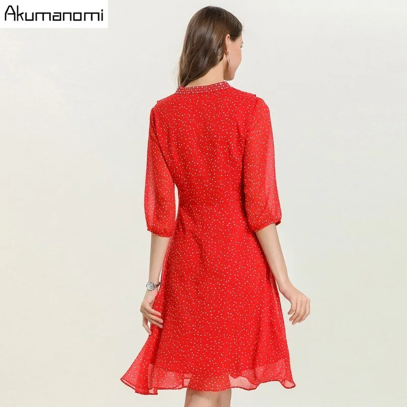 

Spring Chiffon Dress Ruffle Sequined V-neck Polkadot Vintage Knee-Length Dress Women Beach Dresses 5xl-l 2019 New Plus Size