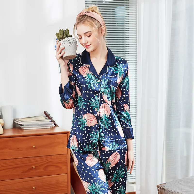 

New Pajamas For Women Imitation Silk Satin Printing Pattern Sleepwear Long Sleeve Trouser Two Piece Nightwear Suits