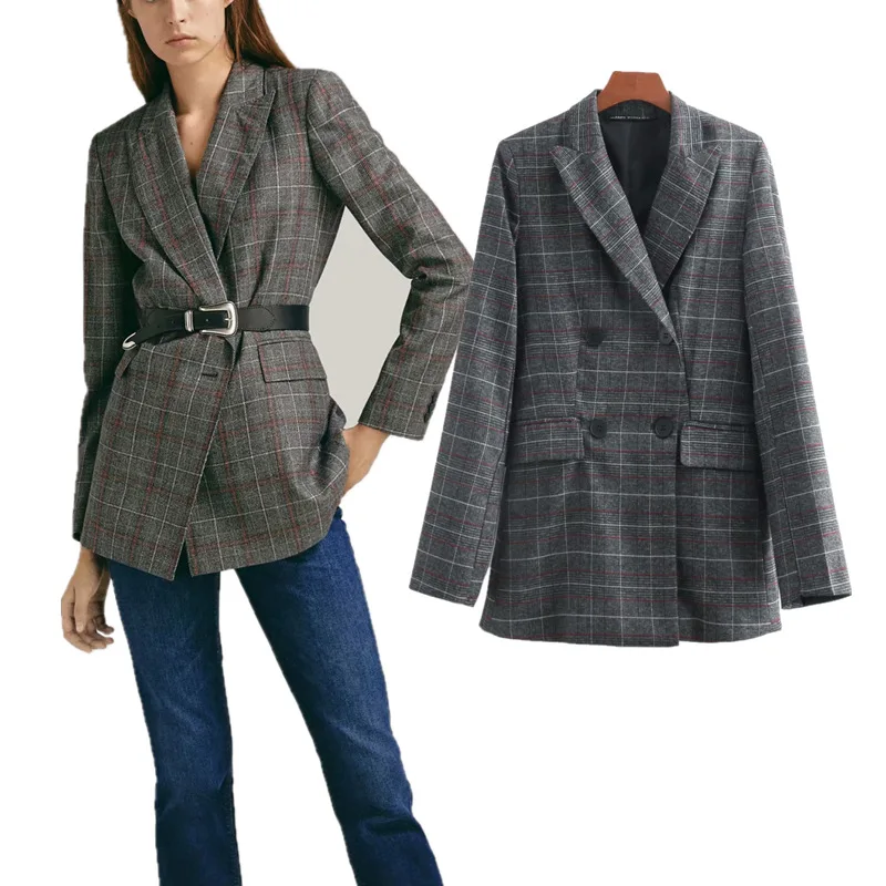 

Autumn Women Versitile Fashion Slim-Fit Plaid Suit Coat Top Fashion double breasted plaid blazer Female long sleeve office ladie