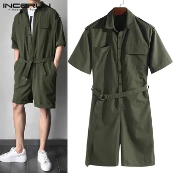 

2020 Fashion Men Jumpsuit Rompers Belt Half Sleeve Pockets Casual Pants Harajuku Men Cargo Overalls Playsuit Streetwear INCERUN