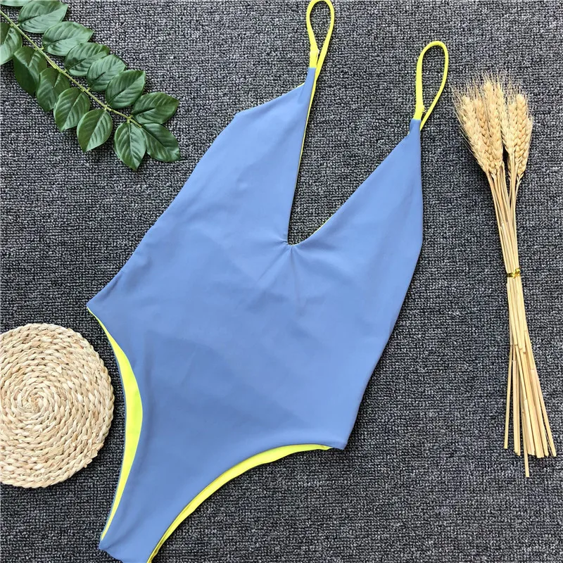 

2018 Women Swimwear Bathing Suit Blue Sexy Deep V One-piece Swimsuit Swimming Suit Swimwear Women One Piece Bodysuit