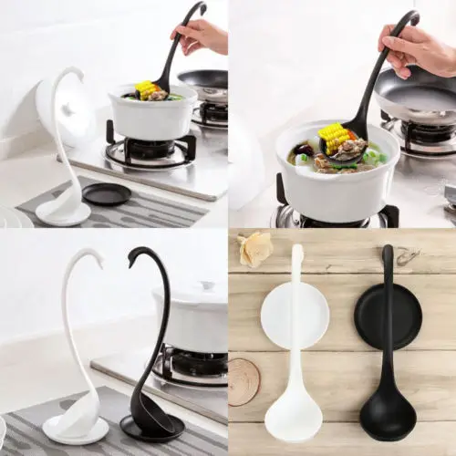 

Cute Swan Soup Ladle White/Black Design Upright Swan Spoon Kitchen +Saucer CA