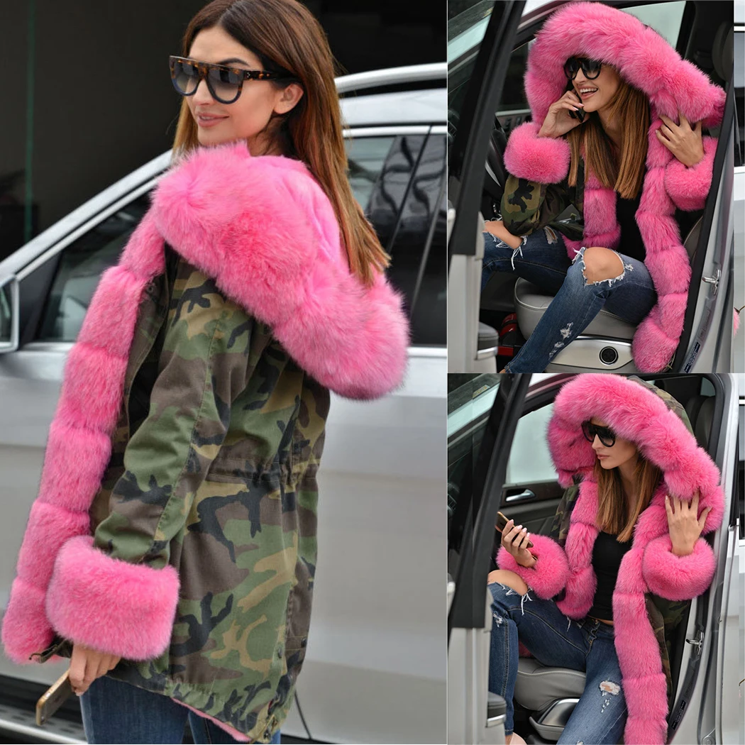Winter Women Thicken Pink Faux Fur Camouflage Hot Parka Women Hooded