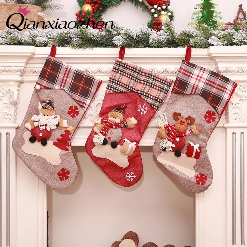 

Qianxiaozhen тканевые Мультяшные рождественские чулки, украшения для новогодней елки в помещении, конфетные подарки, рождественские украшения
