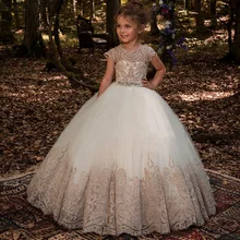 Милое Золотое кружевное длинное платье с цветочным узором для девочек на свадьбу, бальное платье с хрустальными бусинами для девочек, платья для первого причастия, платье для особых случаев