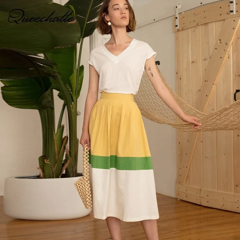 

Queechalle 2019 Summer Skirt Three Color Stripe Patchwork Loose Cotton Skirts for Women Yellow Elastic Waist A-line Skirt Female