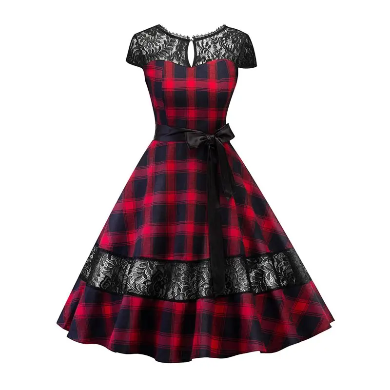 

Plaid Lace Dress Women Summer Backless See Through Sexy Hollow Gothic Fashion Lace Up A Line Vintage Casual Ladies Party Dresses