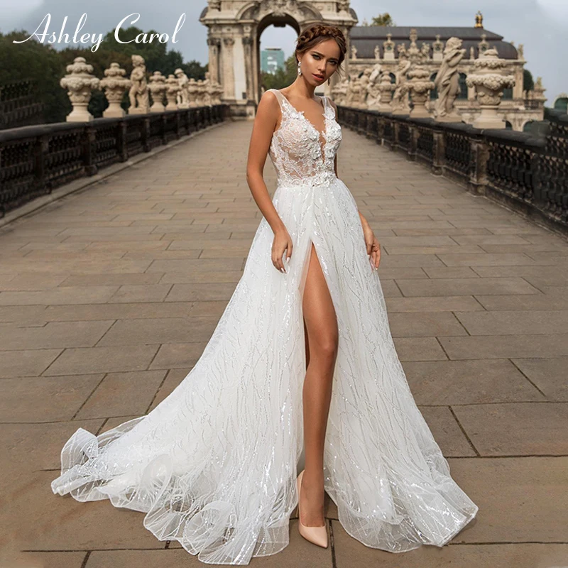 Ashley Carol, Пляжное свадебное платье,, сексуальное, глубокий v-образный вырез, изысканная аппликация, свадебное платье с открытой спиной, Vestido De Noiva, на заказ