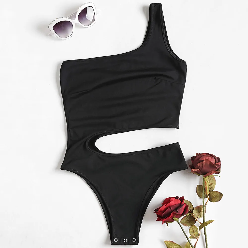 

ZAFUL 2019 New Arrival Bikinis Plain One Shoulder Bodysuit Solid Swimsuit Swimwear Sexy Women Bikini Set Beachwear Biquini