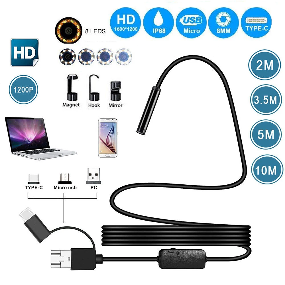 

3 in 1 USB Cable Endoscope Camera HD 1200P 8 Led USB Endoscope Inspection Camera Waterproof Borescope Inspection Camera