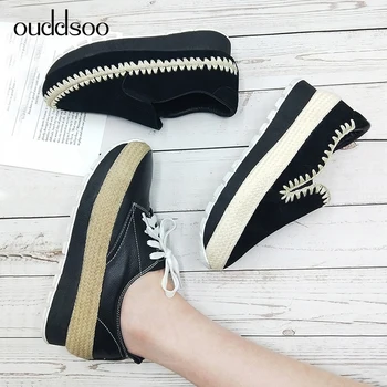 

Ouddsoo Women Espadrilles Slip On Creeper Shoes Woman Genuine Suede Leather Casual Flats Fashion Footwear Women Platform Shoes
