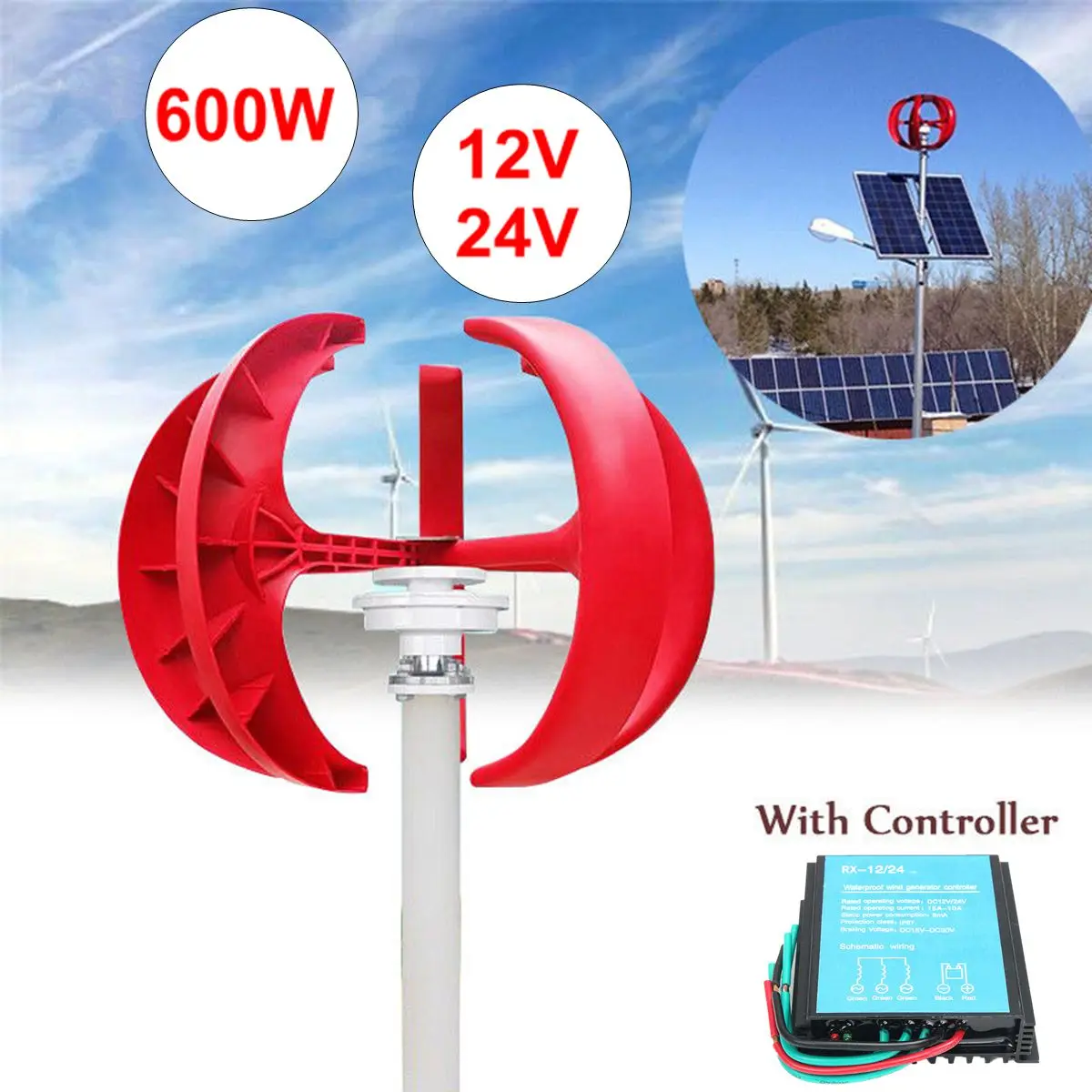 

600W 12V/24V Wind Power Generator Vertical Wind T urbine Lantern 5 Blades Motor with controller for home streelight Hybrid use
