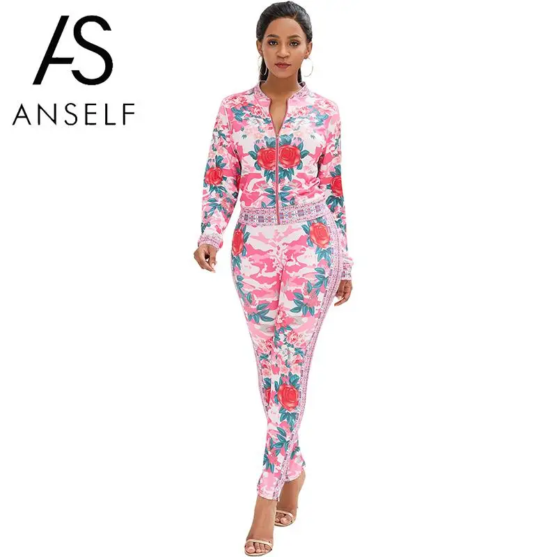 

Women Autumn Two Piece Set Dashiki Bomber Jacket Pants Set Colorful Floral Print High Waist Long Sleeve Sexy Suit ensemble femme
