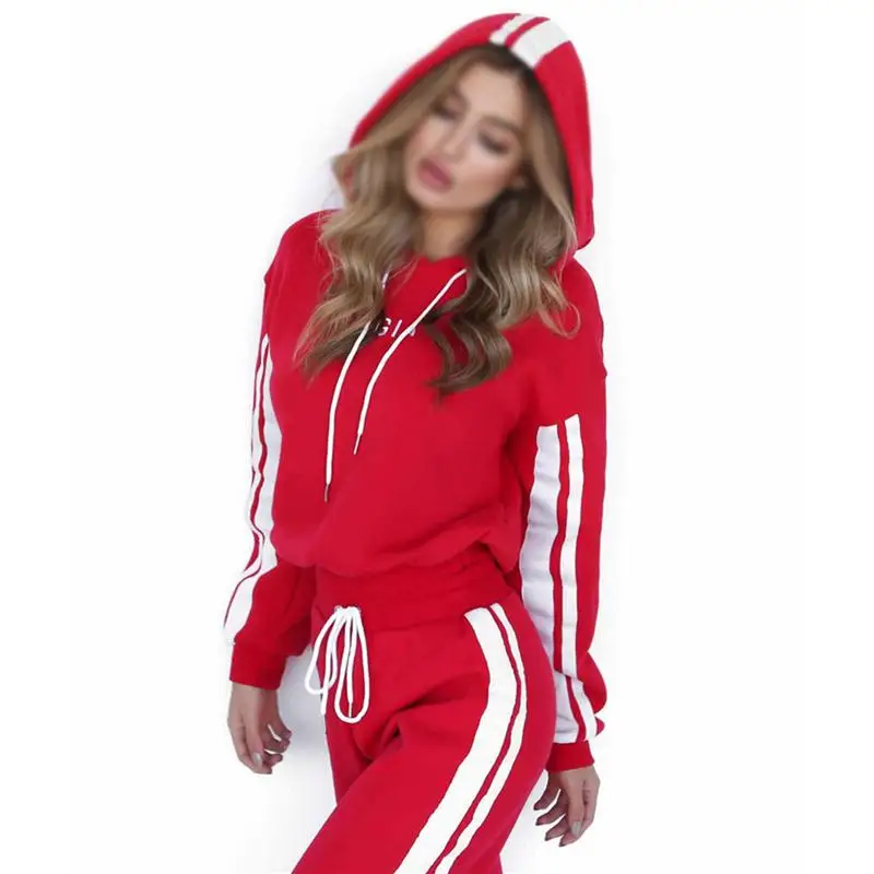 Color Stripe Short Belt Hoodie Casual Sport Suit Women Sweatshirt High Waist Pants Fashion Cotton Sports Suit Sets White Red Color Stripe Short Belt Hoodie Casual Sport Suit Women Sweatshirt High Waist Pants Fashion Cotton Sports Suit Sets White Red