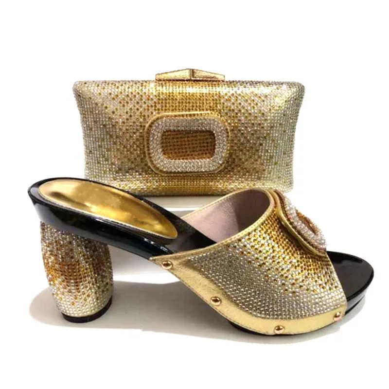 

GL-365 Gold Italian Ladies heels cool slippers With Matching Bag High Quality Shoe and Bag Set African Sets Ladies Party Shoes