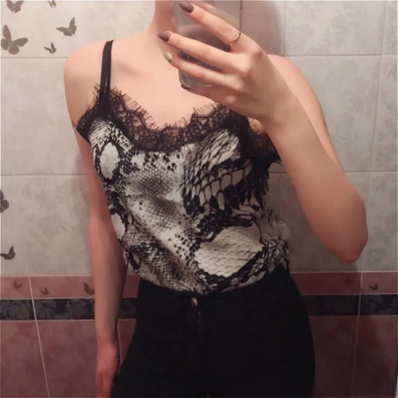 

2019 Summer Lace V Neck Cami Women Sexy Leopard Print Snake Print Sleeveless Camis Loose Casual Club Party Tops Camisole