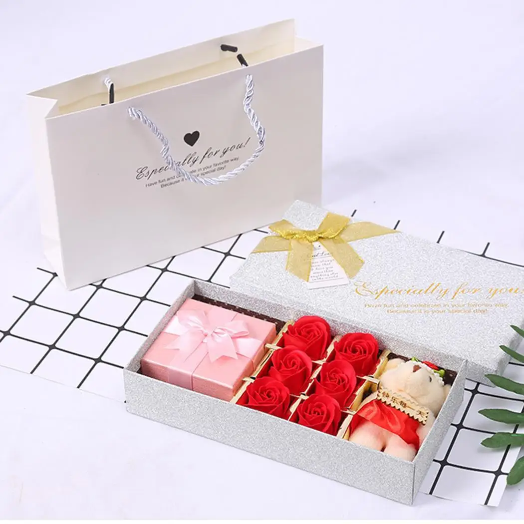 

Valentine Wedding Mothers Day Plush Bear Shape Soap Rose Party Festival Gift Set Scented Bath Body Petal Rose Flower Soap