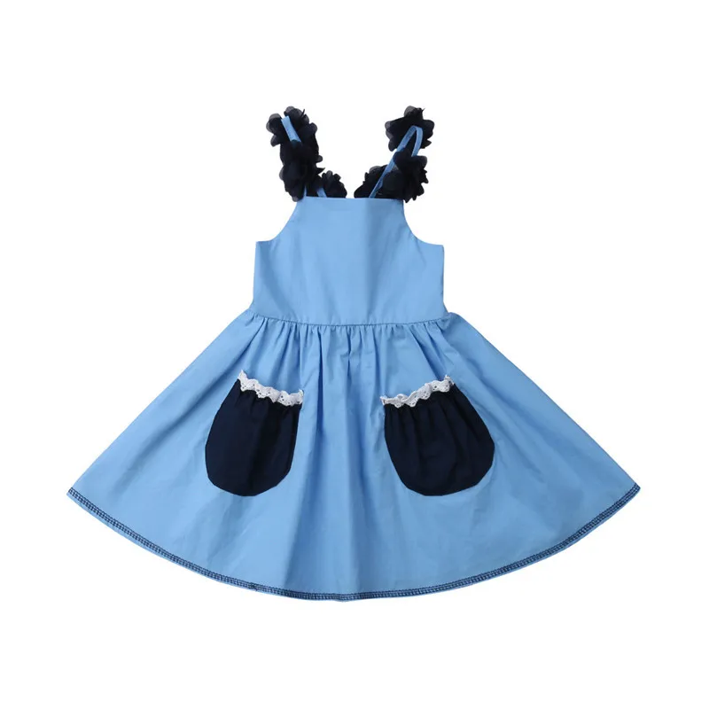 Новинка года; платья для девочек; летняя модная одежда для маленьких девочек с синим карманом без рукавов; вечерние платья-пачки на лямках; 2-6Y