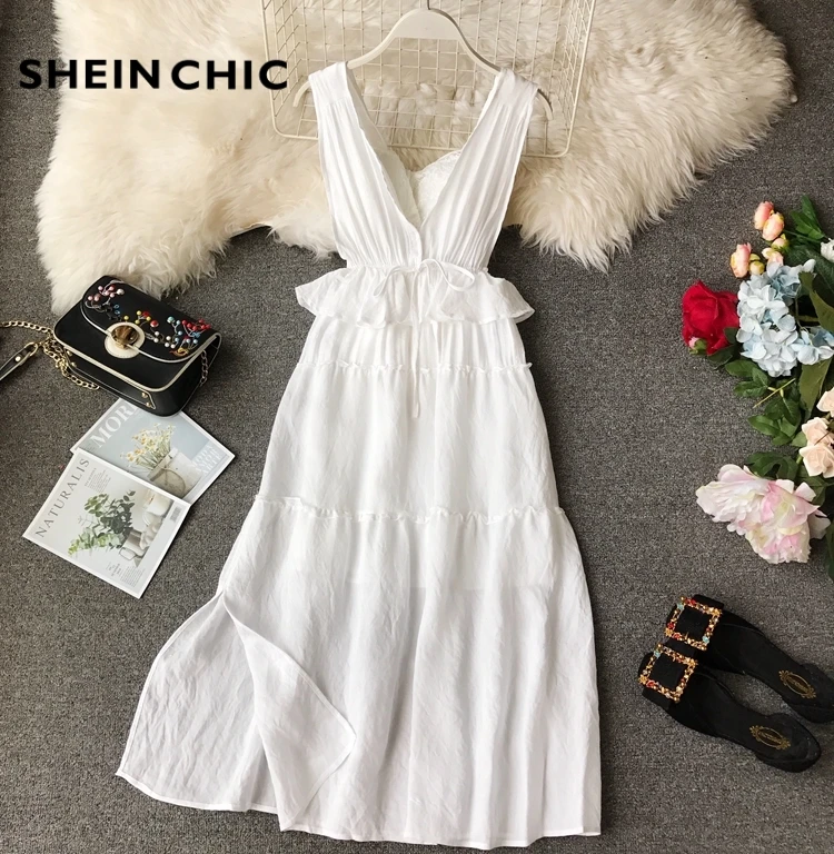

2019 Summer Sexy V-neck Strapless Pleated Long Dress Women Vacation Bohemian Maxi Beach Dress