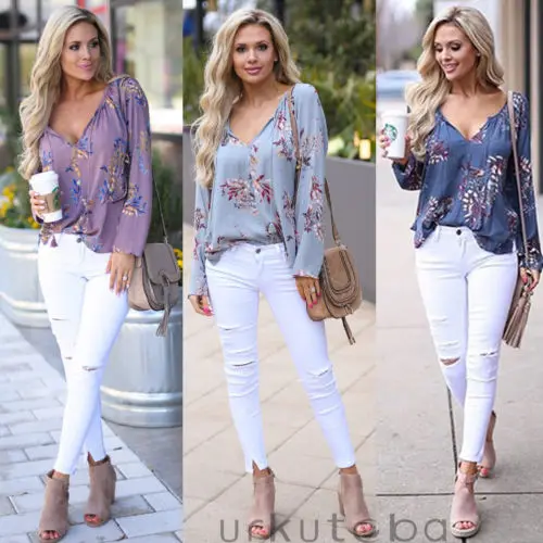 

Sexy Womens V-neck Chiffon Tops Long Sleeve Floral Tunic Blouses