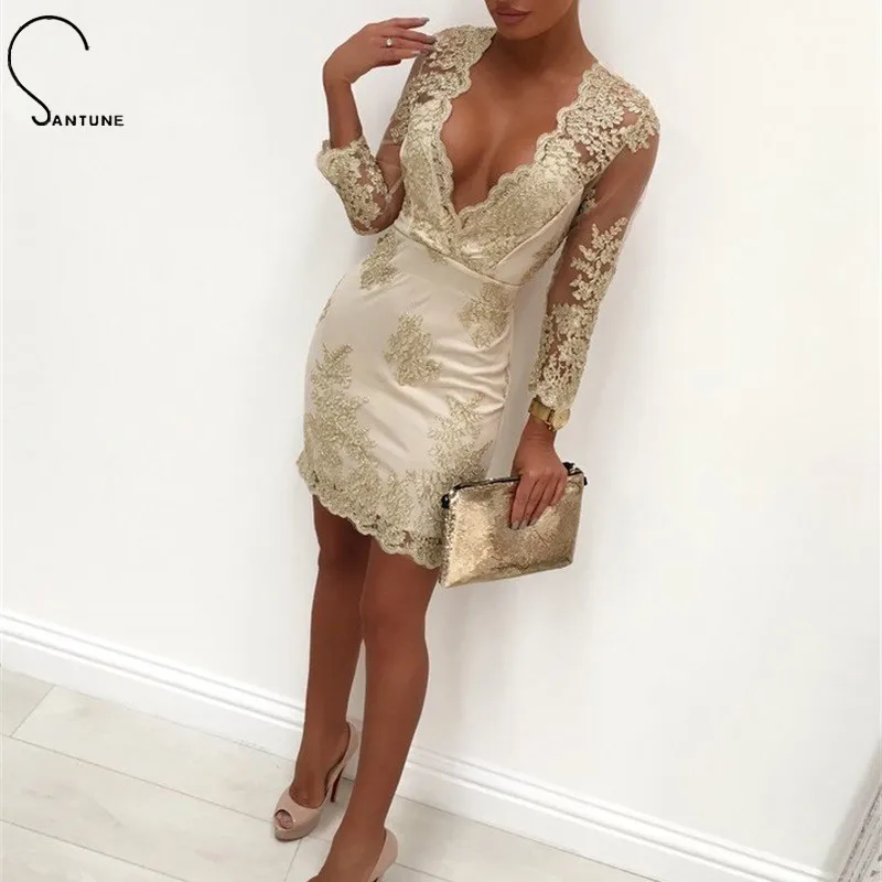 

Santune Sexy Club Lace Summer Dress Women Vintage Bodycon Deep V Neck Embroidered Bandage Mini Dress Club Party De Festa Vestido