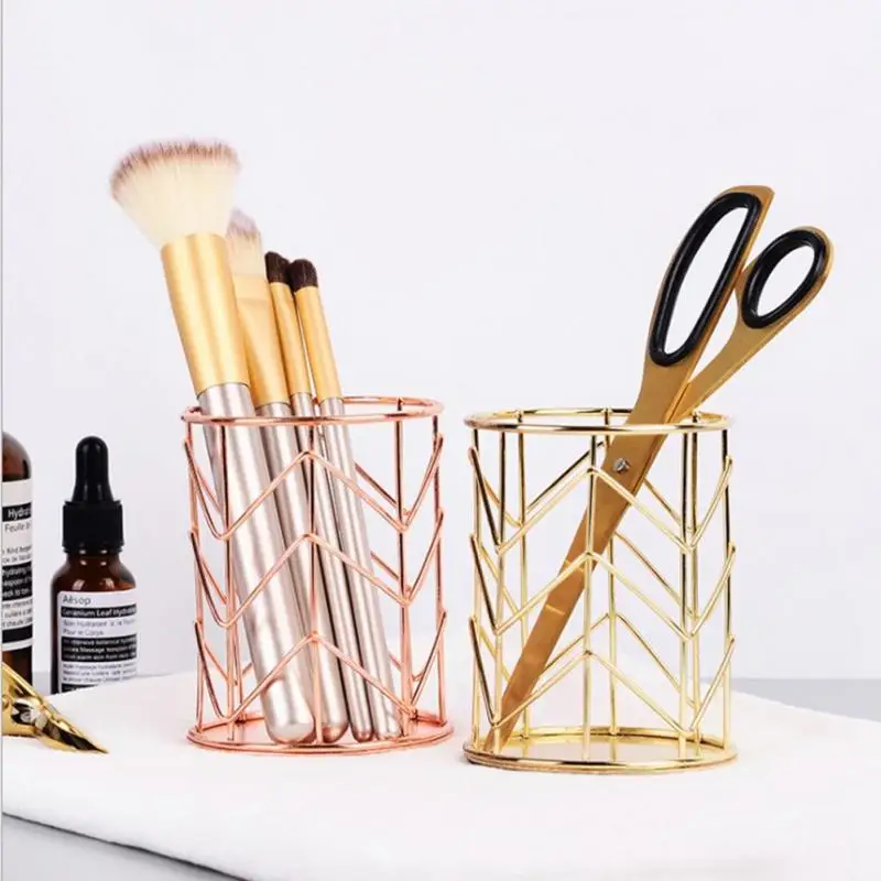 Gold Metal Pen Holder Desk Organizer Pencil Pen Holder Container School Stationery Office