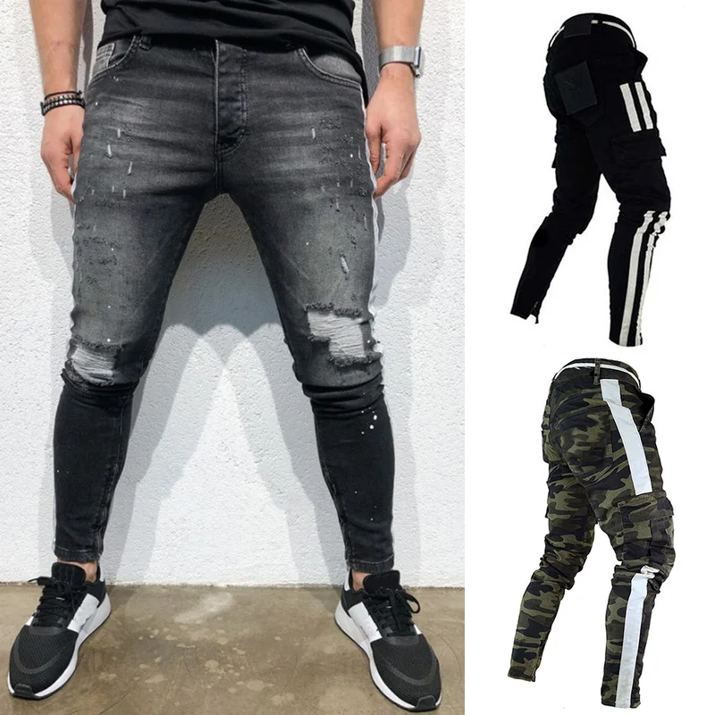 

Spring Street Hip Hop Men's Jeans Fashion Hollow Riding Casual Pencil Pants Hole Small Feet Side Print Jeans