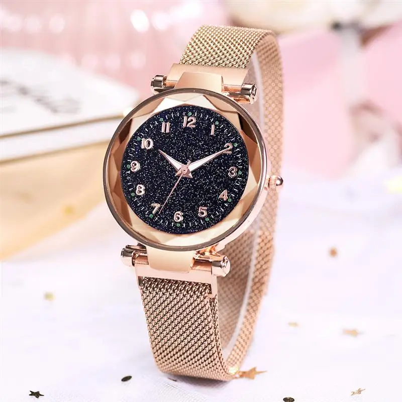 

Cute Starry Sky Watch For Women Magnetic Buckle Mesh Band Stainless Steel Quartz Wristwatch Lady Female Rose Gold Watches