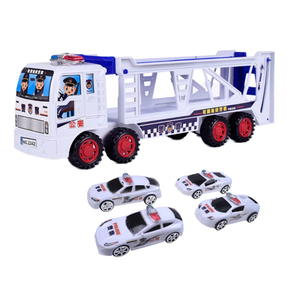 

Kids Toy Simulation Car Container Double-decker 4pcs Mini Police Cars Slide Way