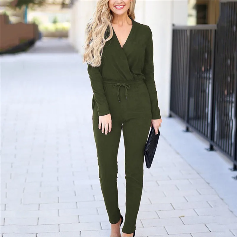 

Autumn High Street Women Knitted Jumpsuits Fashion V Neck Lace Up Knitting Long Sleeve Solid Playsuits Bodysuits Slim Clothing