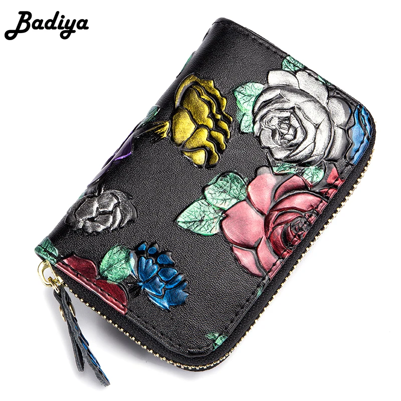 

Colored Drawing Rose Flower Accordion Leather Credit Card Holders Wallet Women Zipper Coin Wallets RFID Multi Purse Clutch